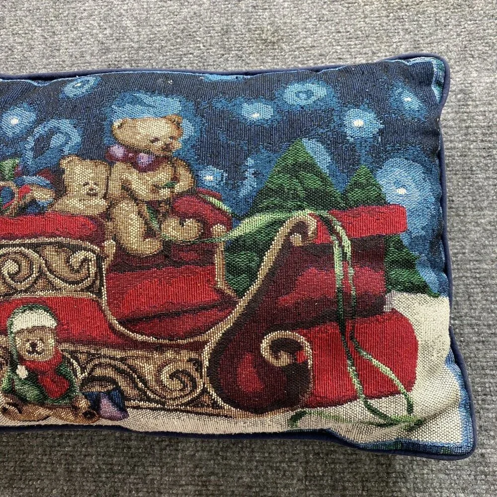 Vintage 70s Christmas Tapestry Pillow Teddy Bears in Santa's Sleigh 80s‎ Country